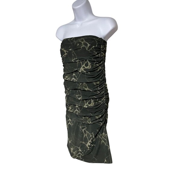 Zara Deep Green Marble Print Mesh Ruched BodyCon Strapless Mini Dress Size Small - Picture 2 of 10
